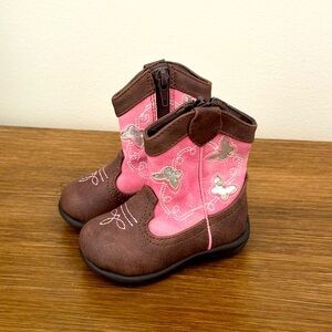 Baby Girls Pink and Brown Cowboy Boots with Silver Butterflies
